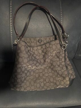Coach Signature Canvas Shoulder Bag in Brown and Dark Brown